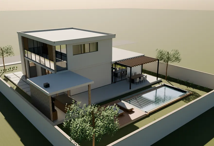 Piscina com prainha, deck e espaço gourmet nos fundos