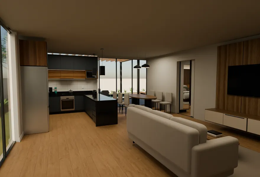 Sala integrada à cozinha e ao jantar