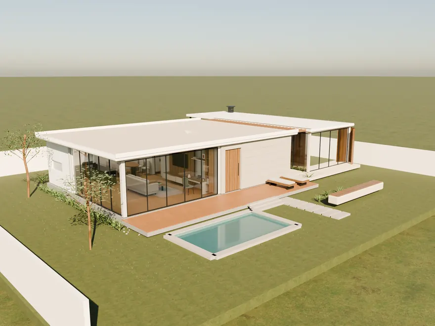Fachada da Casa Horizonte, térrea, com piscina na frente
