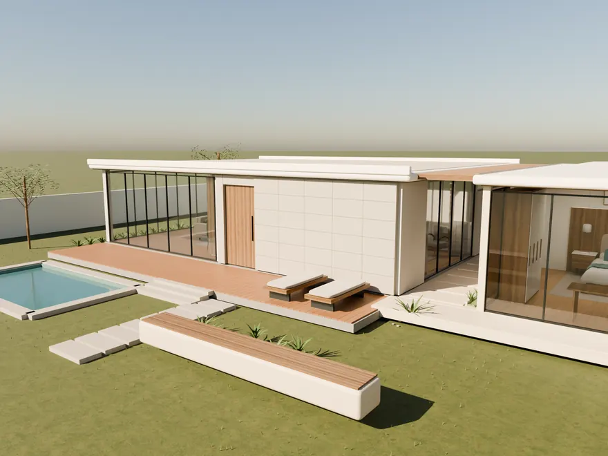 Piscina com deck de madeira e varanda