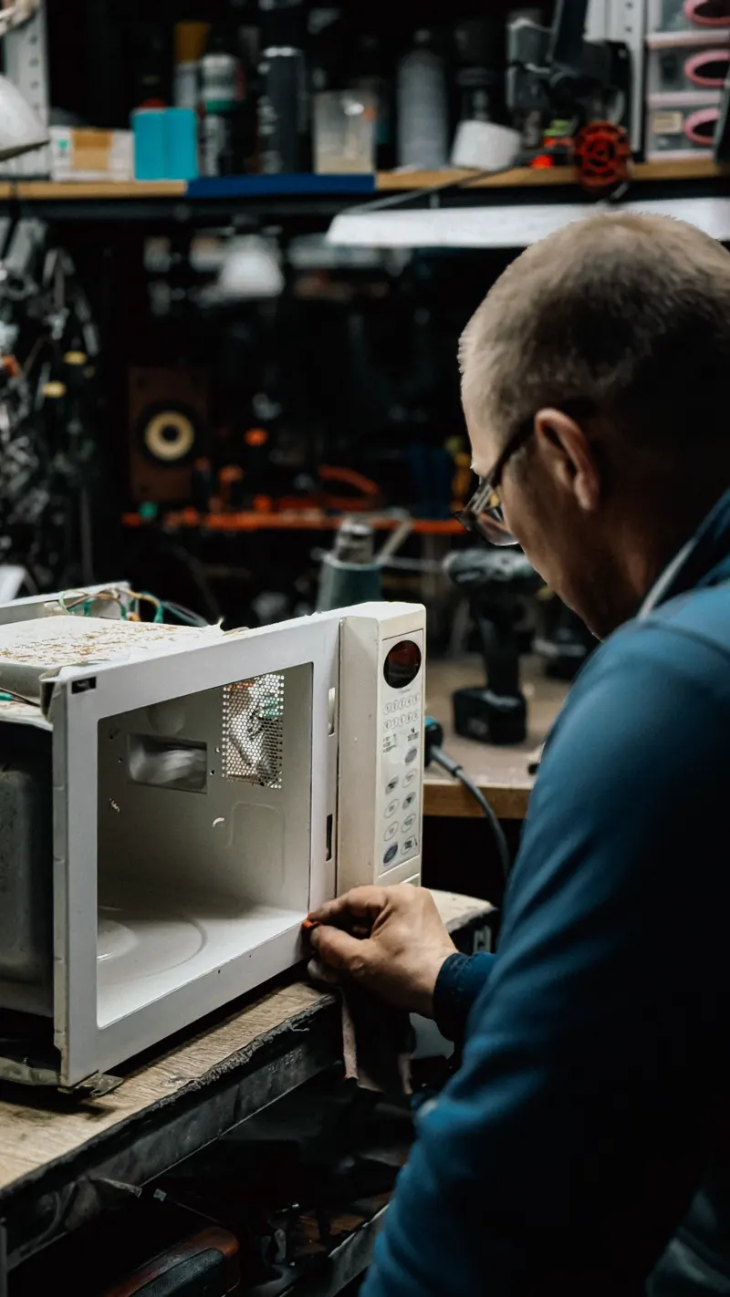 Técnico reparando um micro-ondas aberto na bancada