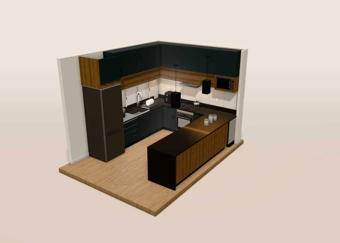Cozinha em U em 3D com armários grafite, faixa de madeira com LED, bancada de granito preto e península ripada.