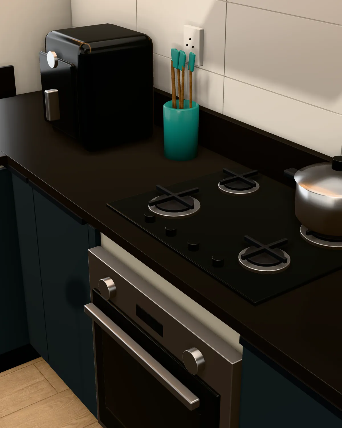 Bancada de granito preto polido com cooktop de embutir e forno de inox abaixo.
