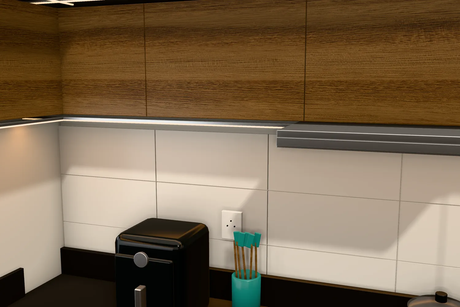 Faixa de portas amadeiradas com fita de LED embutida iluminando o revestimento branco.