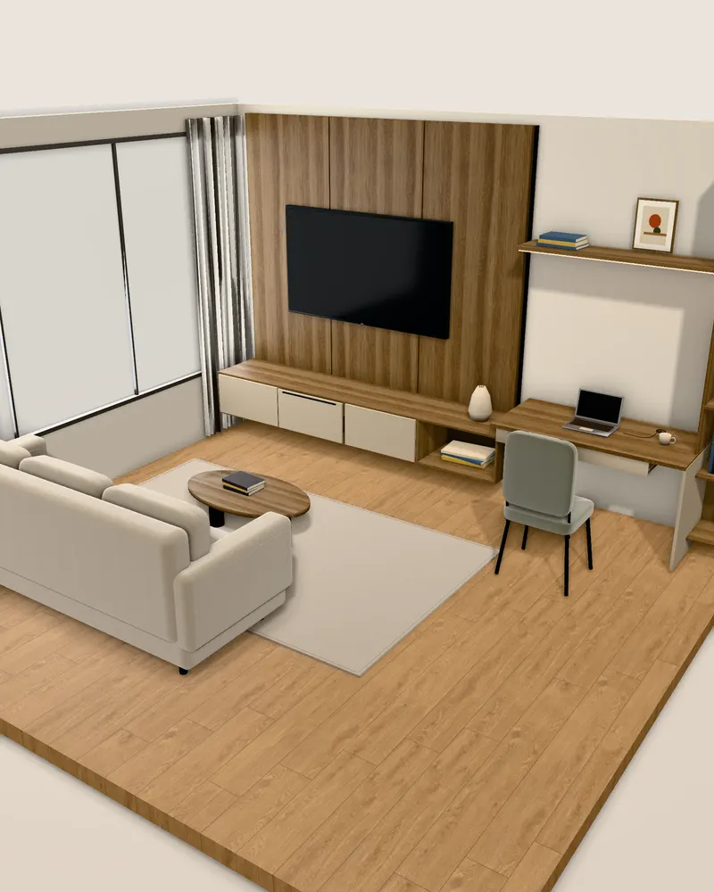 Sala com painel de carvalho e TV, rack suspenso, bancada de home office com estante iluminada, sofá de linho e janela ampla com cortinas.